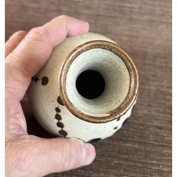 Sign Mexican Tonalá Pottery Vase-Cobalt Blue Flower-6.25″ Folk Art Stoneware VTG - Picture 7 of 8